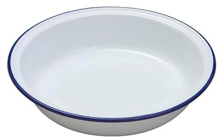 Premium Traditional Enamel White Blue Trim Dinnerware - Set Includes Rice Plate, Blue Trim Pasta Plate, Bowl, Soup Bowl, Round Pie Dish (16cm)