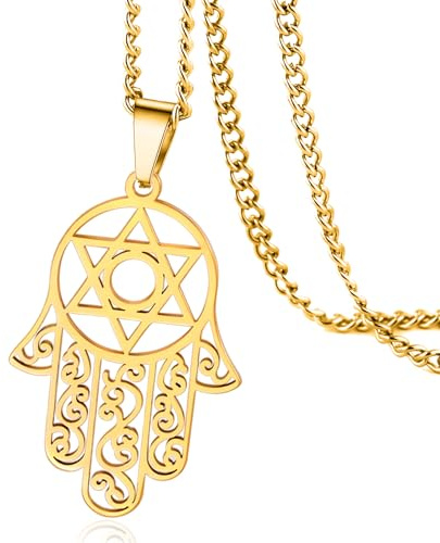 VASSAGO Hexagram Hamsa Hand Pendants Necklace for Men Magen David Necklace Hamsa Hand of Fatima Necklace Islam Arab Jewish Star Palm Shaped Jewelry (gold)