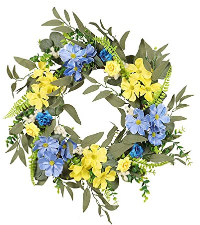 Summer Wreath Front Door Wreath Yellow And Blue Wreath Spring Summer Farmhouse Wreath For Front Door Home Wall Wedding Tabletop Summer Decor Autumn Wreaths for Front Door UK (1-blue, One Size)