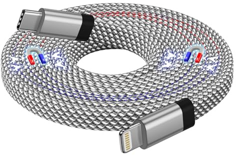 Magtame Magnetic USB C to Lightning Cable - 1.5M Nylon Braided, MFi Certified Compatible with iPhone 14/13/12/11 Pro Max/XS MAX/XR/XS/X/8 SE Flat, Coiled iPhone Charger Cord for Car