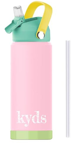 kyds® Trinkflasche Kinder, Thermo Edelstahl Wasserflasche, Auslaufsicher, mit Fruchteinsatz, Kohlensäure geeignet, BPA-frei, spülmaschinenfest, Trinkflasche für Schule Sport (Rosa/Light Green, 500ml)