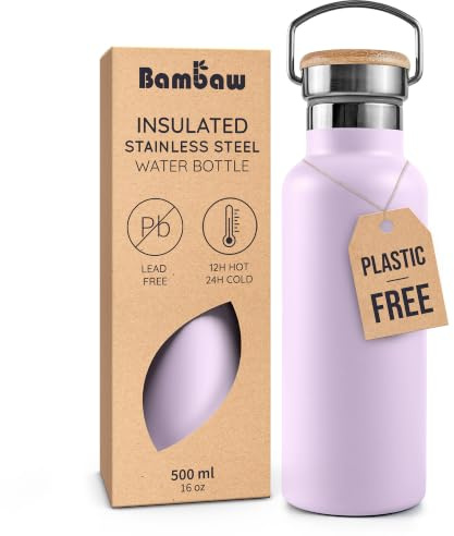 Bambaw Thermosflasche Edelstahl 500ml, Wasserflasche Thermo, Doppelwandig & Rostbeständiges Metall, Wiederverwendbar, Leicht zu Tragen, Passend für Teefilter, Ideal für Reisen (Fliederlila)
