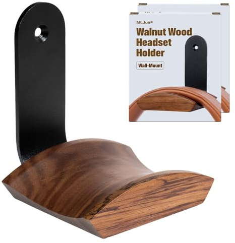 Mt.Jun Walnut Wood Headphone Wall Mount Holder, 2 Pack Curved Headset Hangers with Black Metal Bracket, Adhesive or Screw Mount, Holds 10 lbs