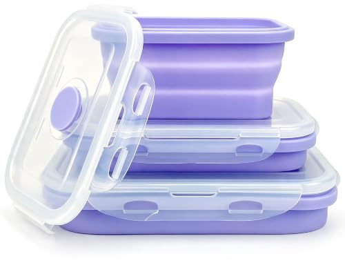Lunbengo Silicone Bento Lunch Box, Food Grade, Collapsible Food Containers with Airtight Lids, Reusable Foldable Food Container, Purple, 3pack