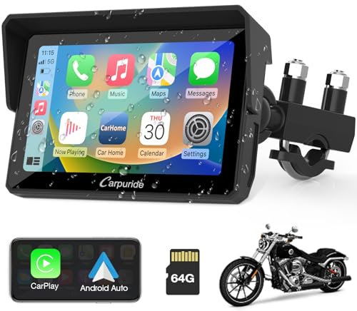 2025 Carpuride W502 Carplay Bildschirm für Moto, Tragbares CarPlay und Android Auto für Motorrad, 5 Zoll Wasserdichter Touchscreen mit Dual-Bluetooth, 64G TF-Karte, Navigation/Siri/G00gle Assistant