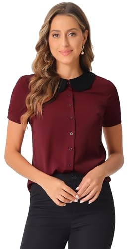 Allegra K Peter Pan Collar Blouse for Women's Contrast Collar Work Office Button Down Chiffon Top Small Wine Red