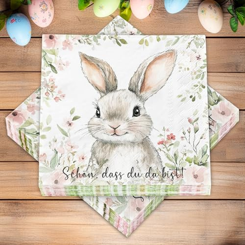 40 Stück Servietten Ostern, Kaninchen Servietten Ostern Frühling, Osterservietten Tischdeko Ostern Partyzubehör - Schön, Dass Du da Bist（33 x 33 cm）