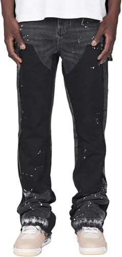 Vivoofchic Baggy Jeans Uomo - Pantaloni Jeans Larghi Y2K in Denim con Design Patchwork e Schizzi d’Inchiostro - Flared Jeans Streetwear Stile Hip Hop Casual Cowboy