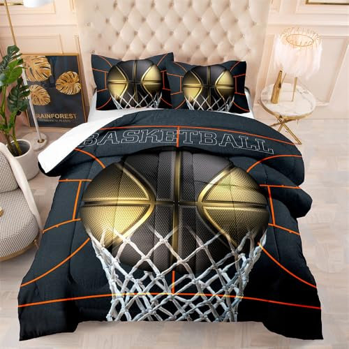 Bettdecke 200X200 Schwarzer Basketball Bettdecken 200Gsm,Dünne Und Leichte Duvet,4 Jahreszeiten Bettdecken,Weiche Mikrofaser Bettdecke Mit 2 Kissenbezüge,Warm Steppbettdecke Für Allergiker