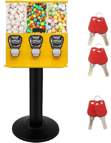 ZJHESXV Gumball Machine Commercial Candy Vending Machine with Stand Triple Head Vending Machine Gumball Vending Machine with Removable Canisters 25 Cent / 1 EUR Coin Operated,Yellow-0.4in*2+1to1.37in