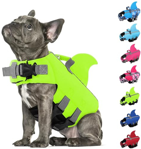 AOFITEE Hai Schwimmweste Hund Klein, Verstellbar XS Hundeschwimmweste Hai mit Rettungsgriff, Reflektierende Hunde Schwimmweste Hohe Flotation Dog Life Jacket Rettungsweste Kleine Hunde, Grün, XS