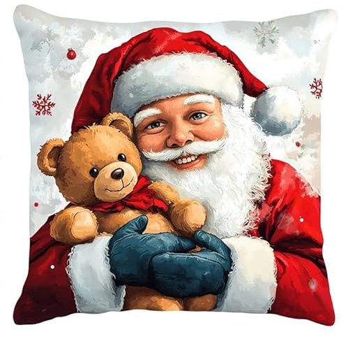 WallustrioaW Weihnachten knüpfkissen set erwachsene,Weihnachtsmann und Teddybär,latch hook kissen kit,DIY Knüpfhaken-Set Knüpfkissen Zum Selber Knüpfen,43x43cm