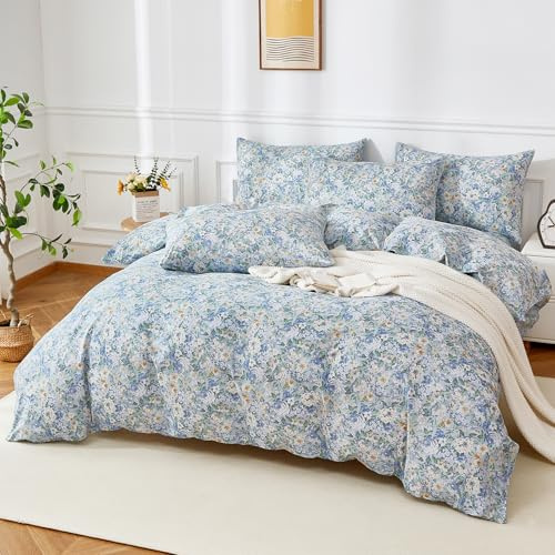 YASMENG Blumen Muster Bettwäsche 135x200 Baumwolle Blau Blumenmuster Baumwolle weich kuschelig atmungsaktiv 2 teilig für Mädchen mit Reißverschluss Kissenbezug 80x80 cm