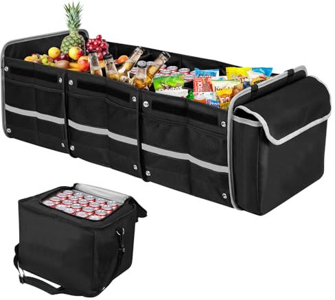 wowspeed Car Trunk Organizer, Backseat Hanging Organizer, 1/2/3 Compartment Car Boot Organiser, Cargo Boot Organiser with Removable Dividers, Foldable Lid, 1 Tie-Down Straps, Waterproof Storage Box