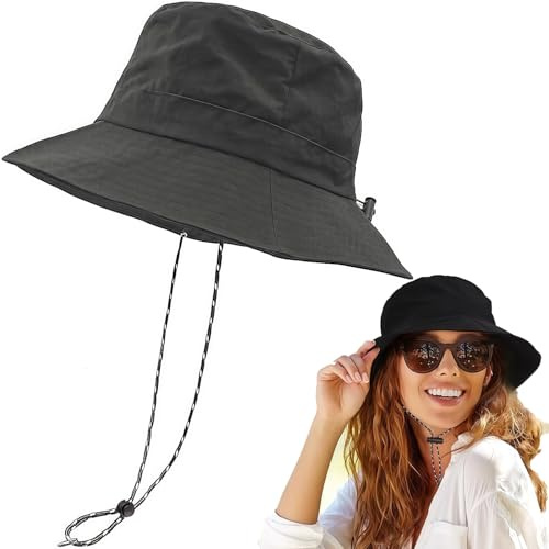 Ezranova Waterproof Bucket Hat for Women & Men - UPF 50+ Sun Protection Foldable Boonie Hat with Adjustable Chin Strap, Quick-Dry Fishing Hat for Beach, Hiking & Camping (UK, Age, 0, Black, 1, 1)