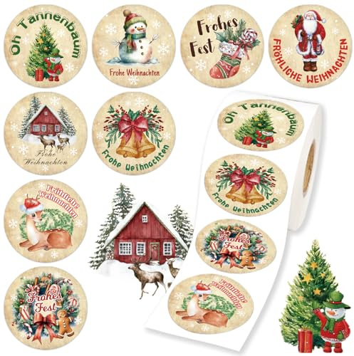 500 Stück Weihnachtsaufkleber, 3.8x3.8 cm Weihnachtssticker Rolle mit 8 Designs, Selbstklebend für Geschenkverpackungen, Geschenktüten, Weihnachtsdekoration und Karten