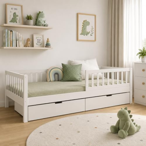 CADANI NIK Kinderbett 90x200 cm Weiß Abnehmbarer Rausfallschutz bis 200 kg | 3 Aufbauvarianten Premium Roll-Lattenrost bis 200 kg 2 Schubladen mit Stauraum flexibel als Schlaf- und Spielsofa nutzbar