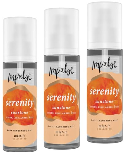 Impulse Serenity Body Spray Pack of 3 (150ml Each) – Sunstone Inspired Deodorant Spray with Ginger, Lime, Amber & Musk for a Calming Citrus-Warm Long-Lasting Freshness