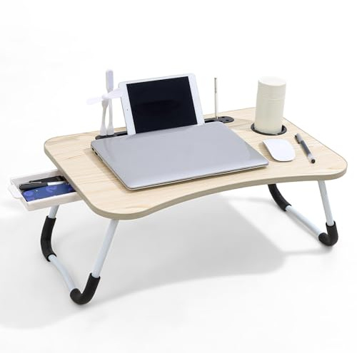 Warmiehomy Laptop Table with USB Ports, Laptop Desk with Drawer &Cup Holder&Pen Slots, Folding Bed Table, Laptop Tray with Legs on Bed or Sofa for Working/Reading, Walnut