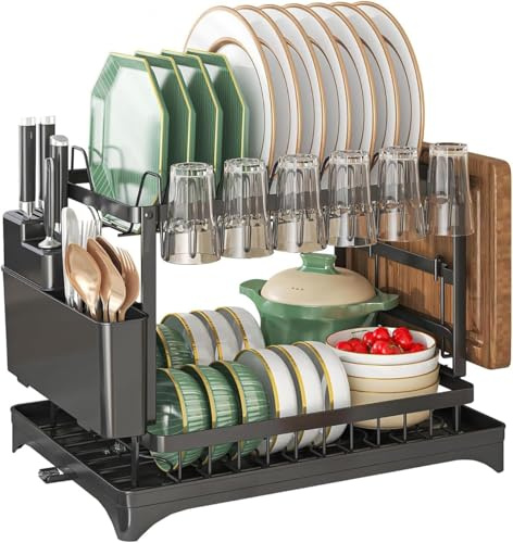 Taylor & Brown 2 Tier Dish Drainer Rack for Kitchen Counter - Space-Saving Dish Rack with Utensil Holder and Cutting Board Holder Large Capacity Drying Rack with Draining Board, Black