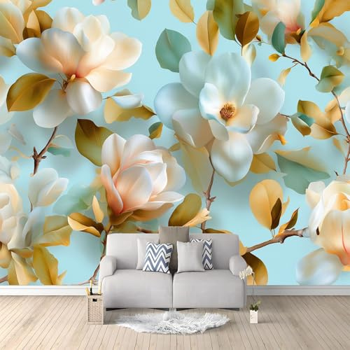Kaki 3D Panoramique Murale De Rétro Floral Feuilles Vertes Magnolia Papier Peint Intissé, Pour Salon Chambre Enfant Chambre Décoration Murale Tableaux Photo Muraux - 200 x 140 cm