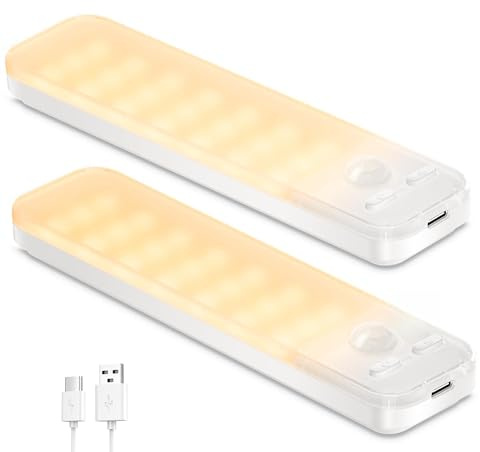 Schrankbeleuchtung Unterbauleuchte Küche LED 2 Stück Dimmbar mit Bewegungsmelder Innen, Akku Schrankleuchte Lampe USB-C Aufladbare LED Leiste Magnetische Lampen für Treppe,Wohnzimmer-3000K (Warmweiß)