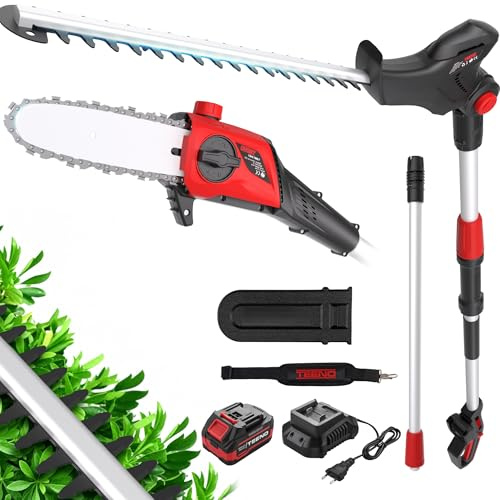 2 en 1 Motosierra Batería & Sierra y Cortasetos Pértiga a Batería ，con Correa Hombro, Barra Sierra 20 cm,Cortasetos 42 cm y Cuchillas Doble Acción, Incluye batería de 20V 4.0Ah