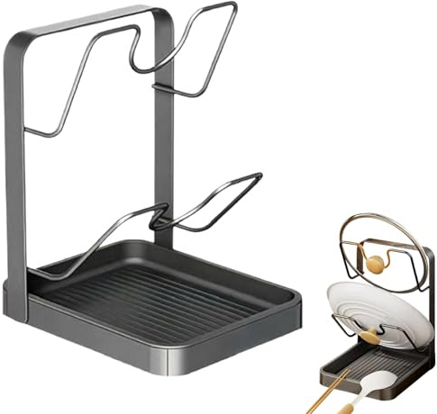 Support Couvercle Casserole, Organiseur De Couvercle De Casserole Avec Repose-cuillère Pour Comptoir De Cuisine, Support De Rangement De Cuisine Anti-Dérapant Pour Contenir Deux Couvercles, Gris