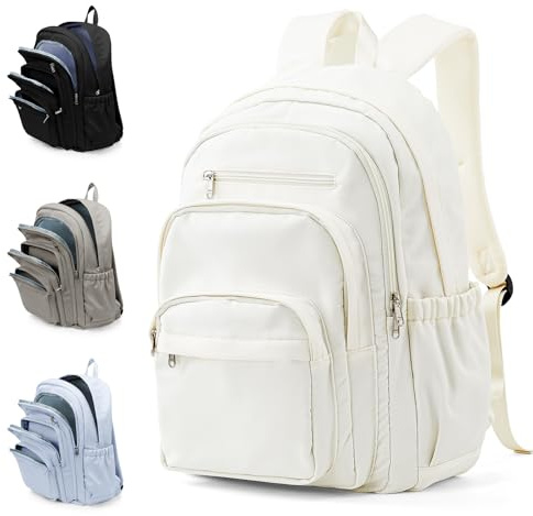 WEPOET Sac à Dos Scolaire Lycée pour Homme Femme, Léger Sac à Dos avec Compartiment Ordinateur, Multi-poches Cartable pour Fille Garçon, Imperméable Daypack Collège Université,Beige