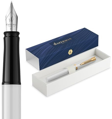 Waterman Impression Fountain Pen | Medium Nib with Blue Ink Refill | White Lacquer with Gold-Coated Trim | Gift Box