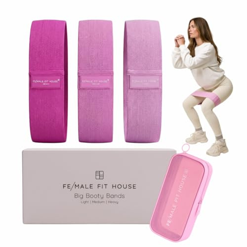 Female Fit House Stoffbänder Set – 3 Widerstandsstufen Fitnessbänder Damen – rutschfeste Booty Bands für Po-Training, Gesäß, Pilates & Heimtraining – inkl. Tragetasche