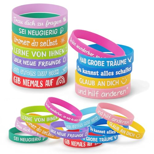 Siblaies 24 braccialetti motivazionali per bambini con scritte in lingua tedesca, 18 cm, in silicone, come regalo per addio all'asilo, compleanni dei bambini e mamme di inizio della scuola, 24