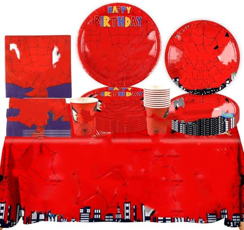 Party Decorations Birthday Tableware Kids- 51PCS Red Birthday Party Decorations Cartoon Themed Party Favor Supplies Paper Plates Cups Napkins Tablecloth for Boys Girls Baby Showers Deco