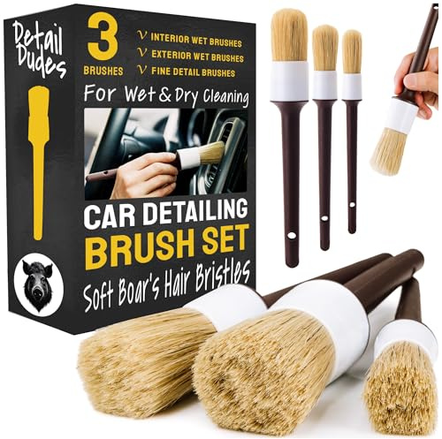 Ultra Soft Natural Boars Hair Bristle Car Detail Brushes - Set of 3 - Perfect for Washing Emblems Wheels Interior Upholstery Air Vents, No Metal Parts