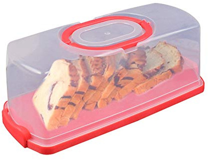 Portable Bread Box with Handle Loaf Cake Container Plastic Rectangular Food Storage Keeper Carrier 13inch Translucent Dome for Pastries, Bagels, Bread Rolls, Buns or Baguettes (Red)