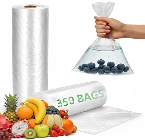 9527 Product 12 x 16 Clear Plastic Produce Bag, Food Storage Bag on a Roll, 350 Bags One Roll, Freeze/Heat Clear Bag for Bread, Meat, Vegetables, Fruits