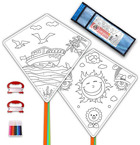 Mint's Colorful Life DIY Drachen für Kinder Drachenherstellungs-Set Bulk, Dekorieren Maldrachen Party Pack, weiße Diamantdrachen Kits(2er-Pack fertig zum Färben - Schiff-Sonne)