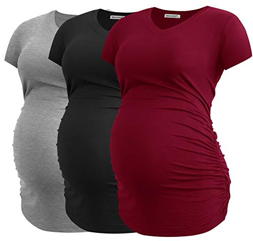 Smallshow Damen Umstandstop V Hals Schwangerschaft Seite Geraffte Umstandskleidung Tops T Shirt 3 Pack,Black-Light Grey-Wine,M