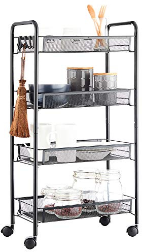 VR7 4 Tier Rolling Utility Storage Trolley Cart on Wheels Craft Toy Bedroom Kitchen Storage & Organisation Hostess Nappy Metal Trolley Laundry Bathroom Storage Unit Rack Organizer Shelve Easy Assemble