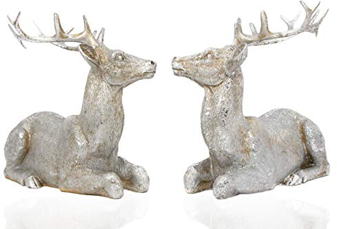 B2S BACK2SEASON Rentier Paar Nilan Silber liegend klein edel Weihnachtsdeko Dekoration sammeln Hirsch Kunststein 2er Set