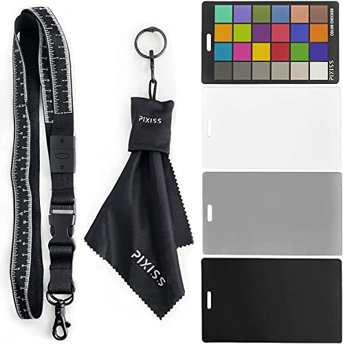 Pixiss, set di schede di correzione del colore per il bilanciamento del bianco, 4 in 1, 18% grigio, nero, opaco, set di schede di esposizione premium con panno in microfibra per obiettivo della