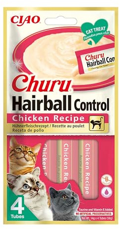 INABA Churu Hairball Control, Katzen Leckerlies mit Huhn, 56g | Anti Hairball, Katzenleckerlis ohne Getreide und Zucker, Hochwertigen Zutaten, 2-in-1-Leckerlis Anti Haarballen & Belohnung