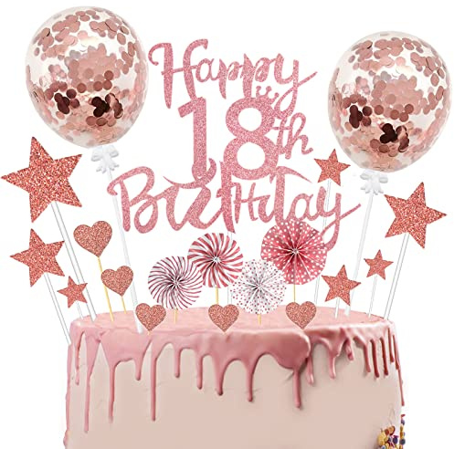 Tortendeko 18 Geburtstag Mädchen, 24 Stück Glitzer 18. Geburtstagstorte Topper, Roségold Cake Topper Deko 18 Geburtstag, Happy 18th Birthday Kuchendeko