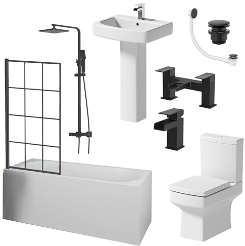 1600mm Bathroom Suite Single Ended Square Bath Black Grid Screen Basin Full Pedestal Toilet WC Thermostatic Mixer Shower Tap Set Waste