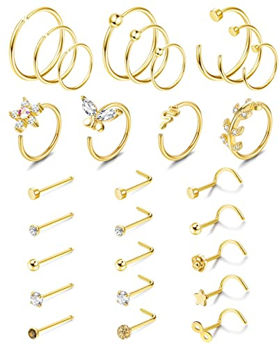 Dochais 23/28 stycken nässtavar av 316 l rostfritt stål, L form liten näspiercing kontaktringar, C formad silver spiral näsa kontakt med strass, näspiercing ringar för kvinnor män 20 g, Rostfritt stål
