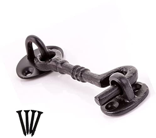 Black Cabin Hook 4-Inch Traditional Cast Iron Fancy Cabin Hook & Eye Silent Catch Door Latch Holder with Screws Silent Cabin Hook for Shed Gate Catch Garden Gate Latch Pack of 1.