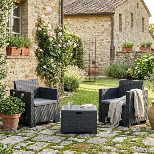 Dmora - Lounge-Set für den Außenbereich Neptune, Gartenset mit Kissen, Lounge-Set für den Innenbereich in Rattan-Optik, 100 % Made in Italy, Anthrazit