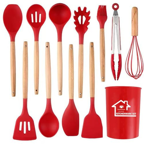 Kitchen Utensils Set, 12Pcs Silicone Cooking Utensils Set, Silicone Utensils Set, Cooking Tools Turner Tongs Nonstick Spatula Spoon for Nonstick Heat Resistant Cookware, Red