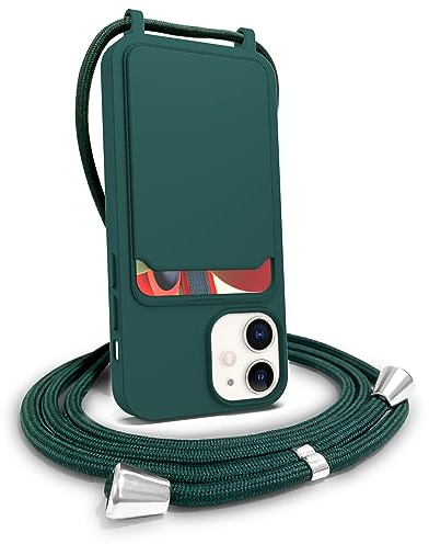 FOQENCCI Compatible with iPhone 12 Case with Card Holder,Crossbody Phone Case for iPhone 12 Pro,Liquid Silicone Phone Case with Adjustable Lanyard Strap Slim Fit Shockproof Bumper Cover Dark-Gree
