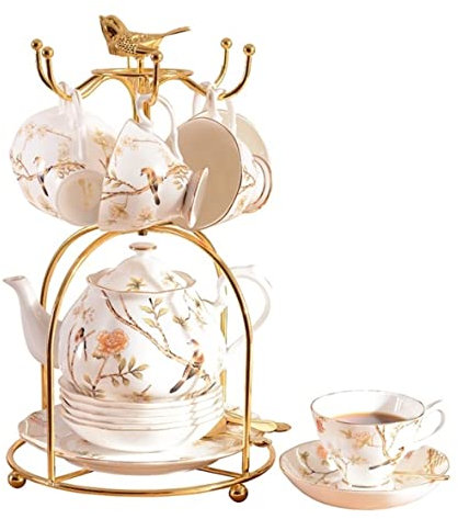 UTOQIA Teeservice 20-teiliges Keramik-Set Mit Becherhalter Aus Eisen, 6 Tassen Und Untertassen, Löffel, Nachmittagstee, Trinkgeschirr, Kaffeeset, Kaffee- Und Teeservice Teekanne Set Tee Service